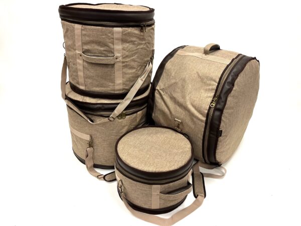 Barton 4-Piece Drum Bag Set - 14X10, 16X16, 18X16, 26X14 (Tom Tom, Floor Tom, Floor Tom, Bass Drum) - 600D with Faux Leather Trim, Color - Tawny Brown